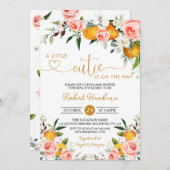 ピンクのフローラ、オレンジ色の小さなかわいこちゃん赤ちゃんシャワー 招待状 (正面/裏面)