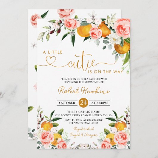 ピンクのフローラ、オレンジ色の小さなかわいこちゃん赤ちゃんシャワー 招待状 (正面/裏面)