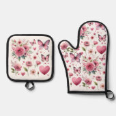ピンクのフローラ ガーリー 鍋つかみ&鍋敷きセット (正面)