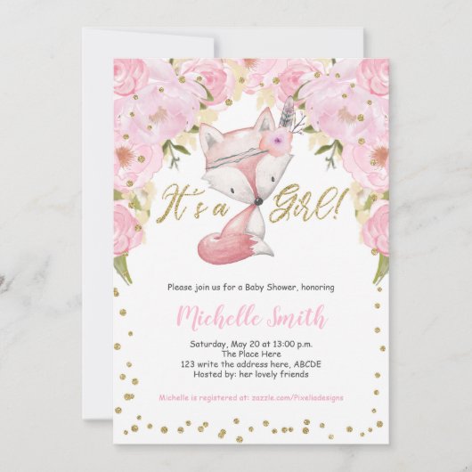 ピンクのフローラ、キツネ、ウッドランドベビーガールシャワー 招待状 (正面)
