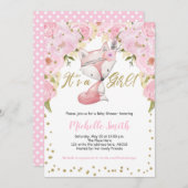 ピンクのフローラ、キツネ、ウッドランドベビーガールシャワー 招待状 (正面/裏面)