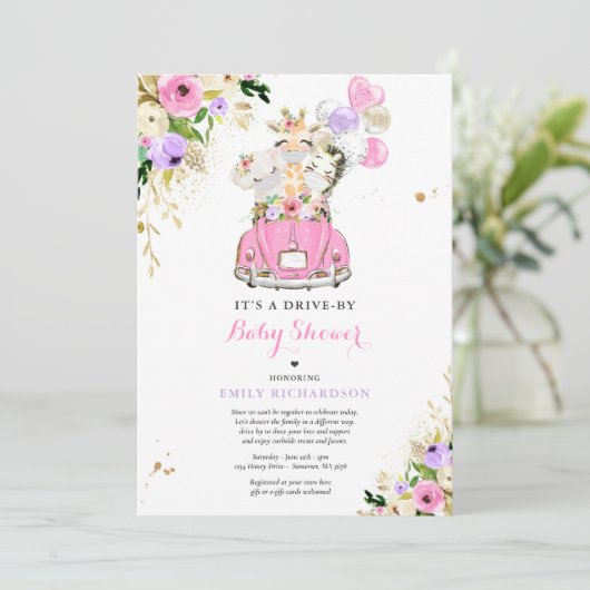 ピンクのフローラ·サファリの動物がベビーシャワーで運転 招待状 (スタンド正面)
