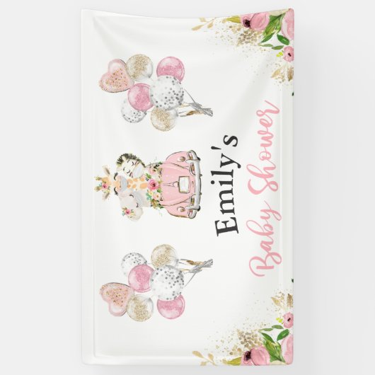 ピンクのフローラ·サファリの動物がベビーシャワーで運転 横断幕 (縦)