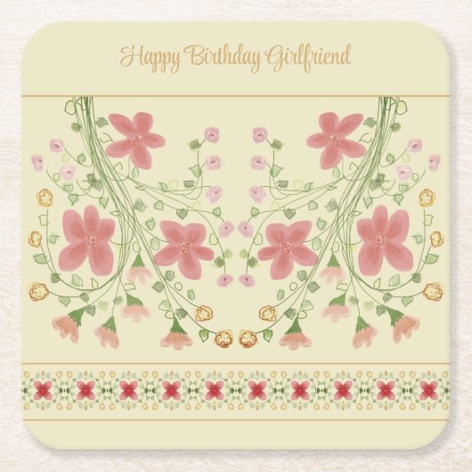 ピンクのフローラ スクエアペーパーコースター (正面)