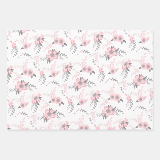 ピンクのフローラ、ストライプ水玉模様 ラッピングペーパーシート (正面2)