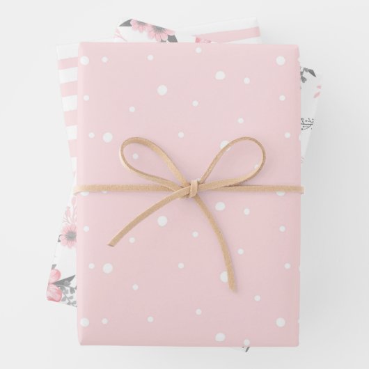 ピンクのフローラ、ストライプ水玉模様 ラッピングペーパーシート (インサイチュ)