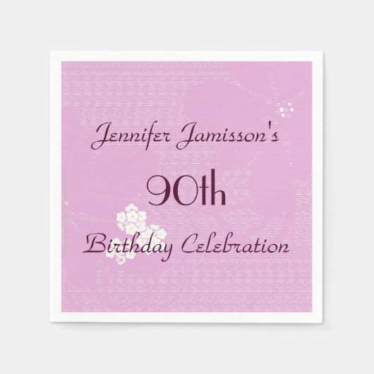 ピンクのフローラ、名前シンプル90th Birthday Party紙 スタンダードカクテルナプキン (正面)