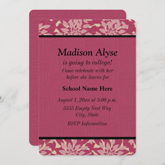 ピンクのフローラ「大学へオフ」招待状 招待状 (正面/裏面)