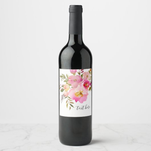 ピンクのフローラ、甘い、ロマンチックな水色の花。 ワインラベル (正面)