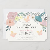 ピンクのフローラ&蝶ガールバーチャルベビーシャワー 招待状 (正面)