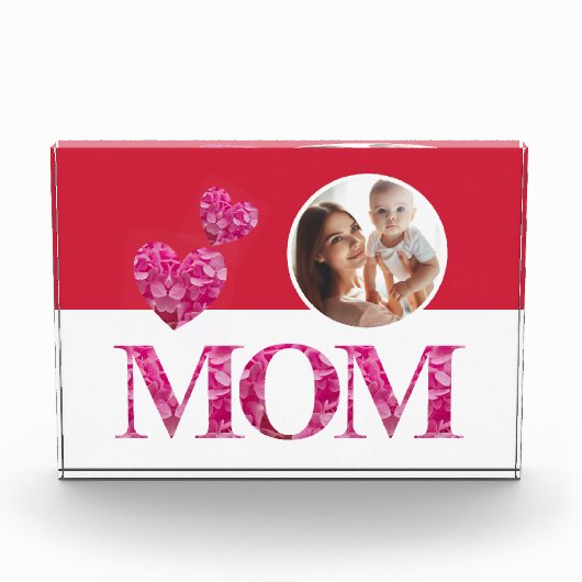ピンクのフローラ"MOM"文字ハート赤白 フォトブロック (正面)