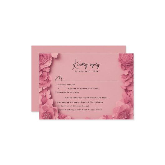 ピンクのフローラRSVP w食事の選択肢 出欠カード (正面/裏面インサイチュ)