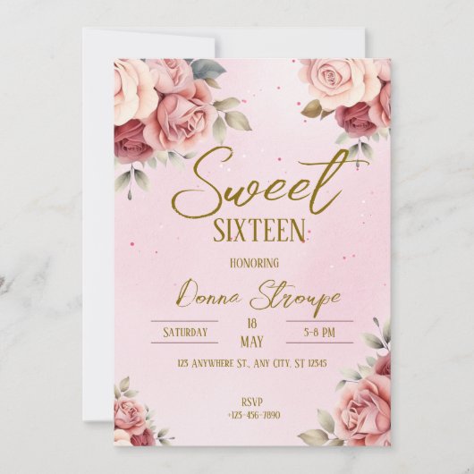 ピンクのフローラSweet sixteen 招待状 (正面)
