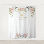 ピンクのフワフワのお花のファースト・ホーリー・コミュニオンの写真小道具 タペストリー (正面)