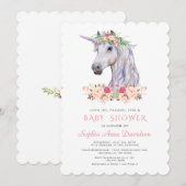 ピンクのフワフワユニコーンの女の子のベビーシャワー 招待状 (正面/裏面)