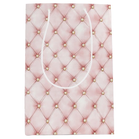 ピンクのフワフワ ゴールドの房の誕生日 ミディアムペーパーバッグ (正面)