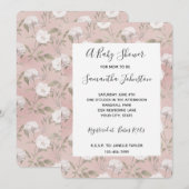 ピンクのフワフワ ローズ ホワイト フラワーベビーシャワー 招待状 (正面/裏面)