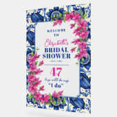 ピンクのブゲンビリアと青いタイルのウェディングシャワー歓迎 アクリルサイン (傾斜)
