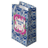 ピンクのブゲンビリア 青いタイルのウェディングシャワー スモールペーパーバッグ (正面アングル)