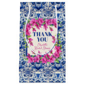ピンクのブゲンビリア 青いタイルのウェディングシャワー スモールペーパーバッグ (正面)