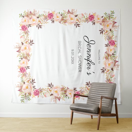 ピンクのブッシュが咲く花のウェディングシャワーまたはパーティー タペストリー (インサイチュ(横))