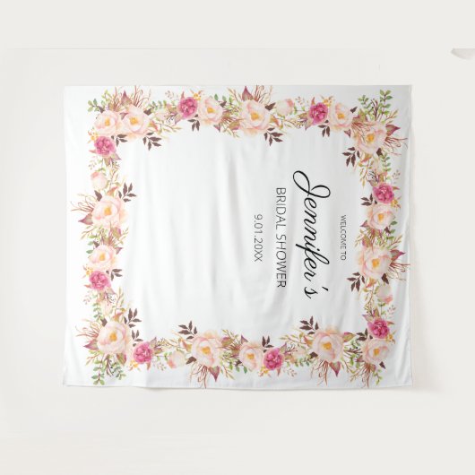 ピンクのブッシュが咲く花のウェディングシャワーまたはパーティー タペストリー (正面(横))