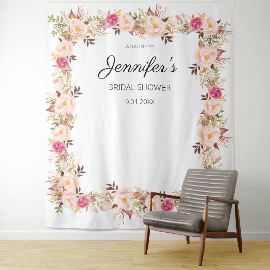 ピンクのブッシュの花が咲く花のウェディングシャワーまたはパーティー タペストリー (インサイチュ)