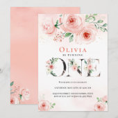 ピンクのブッシュの花のファーストバースデーガール 招待状 (正面/裏面)
