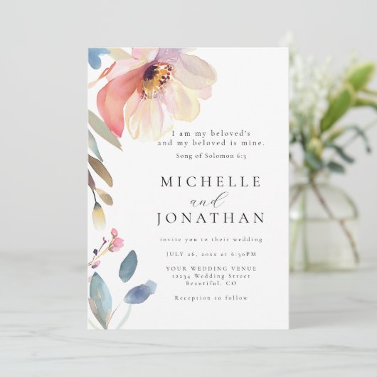 ピンクのブッシュの花のモダンなクリスチャンの聖書の結婚式 招待状 (スタンド正面)