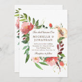 ピンクのブッシュの花を描いたクリスチャンの結婚式 招待状 (正面/裏面)