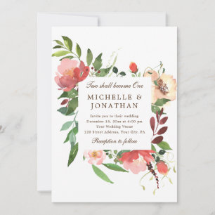 ピンクのブッシュの花を描いたクリスチャンの結婚式 招待状