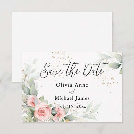 ピンクのブッシュウォーターカラーローズ セーブ・ザ・デート (正面/裏面)