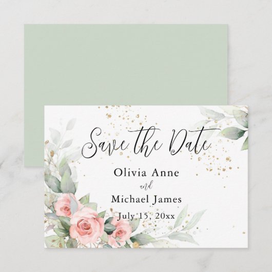 ピンクのブッシュウォーターカラーローズ・セーブ・ザ・デート セーブザデート (正面/裏面)