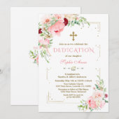 ピンクのブッシュフラワー ゴールドグリッター フレーム 捧げもの 招待状 (正面/裏面)