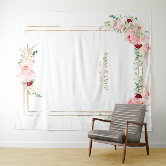 ピンクのブッシュ牡丹 ゴールド ブルーム フォトブース ウェディング タペストリー (インサイチュ(横))