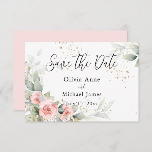 ピンクのブッシュ ウォーターカラー ローズ セーブ・ザ・デート (正面/裏面)
