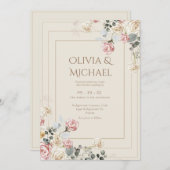 ピンクのブッシュ クリーム ローズ フローラル エレガント ウェディング 招待状 (正面/裏面)