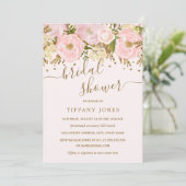 ピンクのブッシュ ゴールド フラワーのコンフェッティ ブライダルシャワー 招待状 (スタンド正面)