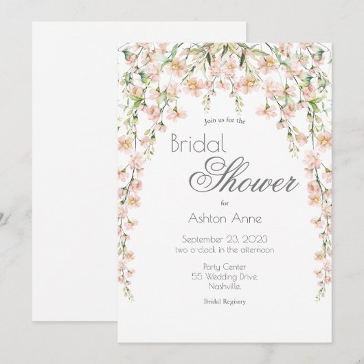 ピンクのブッシュ セージ フローラル ワイルドフラワーズ ブライダルシャワー 招待状 (正面/裏面)
