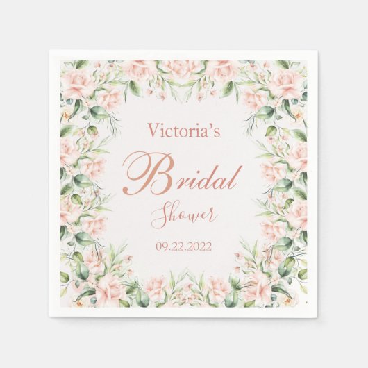 ピンクのブッシュ フラワーズ エレガント ネーム ピンク ブライダル シャワー スタンダードカクテルナプキン (正面)