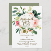 ピンクのブッシュ フラワー グリーン 誓約パーティー 招待状 (正面/裏面)