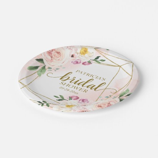 ピンクのブッシュ フラワー ゴールド ジオメトリック ブライダル シャワー ペーパープレート (アングル)