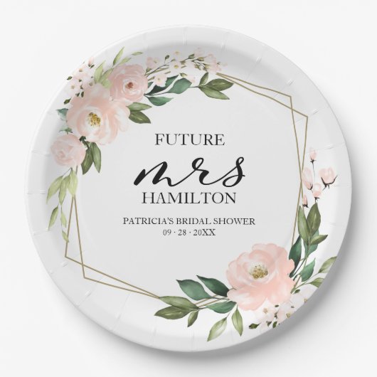 ピンクのブッシュ フラワー ジオメトリック ブライダル シャワー ペーパープレート (正面)