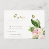 ピンクのブッシュ ペオニー フラワーの水彩 結婚式の出欠確認 エンクロージャーカード (正面)