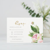 ピンクのブッシュ ペオニー 花の水彩 結婚式の返信ハガキ 出欠カード (スタンド正面)