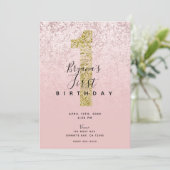 ピンクのブッシュ ローズゴールド 1 グリッター マーブル グラム 1番目 招待状 (スタンド正面)