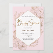 ピンクのブライダルシャワーと金ゴールドの葉花と 招待状 (正面)