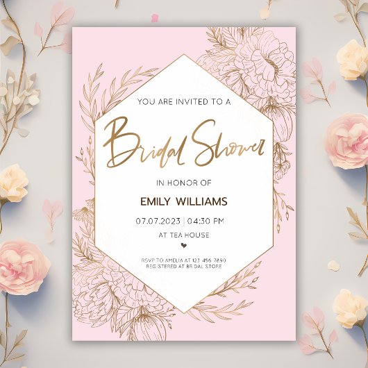ピンクのブライダルシャワーと金ゴールドの葉花と 招待状