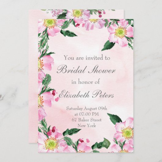 ピンクのブライダルシャワーの招待に犬のバラ 招待状 (正面/裏面)