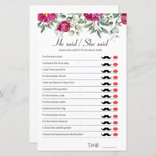 ピンクのブライダルシャワーゲーム彼は彼女が言った (正面/裏面)